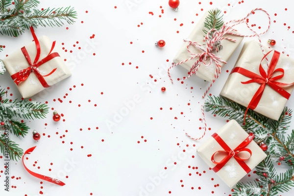 Fototapeta A festive arrangement featuring beautifully wrapped Christmas gifts, ornaments, and pine branches on a white background, adorned with red confetti.