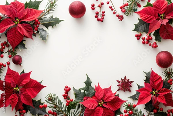Fototapeta A festive arrangement of red poinsettias, pinecones, and ornaments, creating a vibrant holiday atmosphere on a white background.
