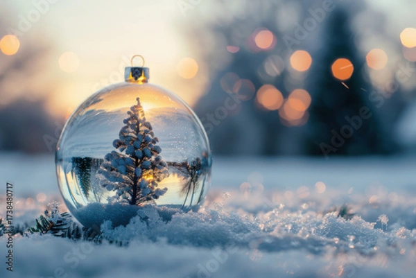 Fototapeta A serene winter scene featuring a miniature Christmas tree inside a glass globe, surrounded by falling snowflakes and sparkling lights.
