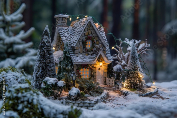 Fototapeta A charming winter cabin adorned with festive lights, surrounded by snow and evergreen trees, creating a magical holiday atmosphere.