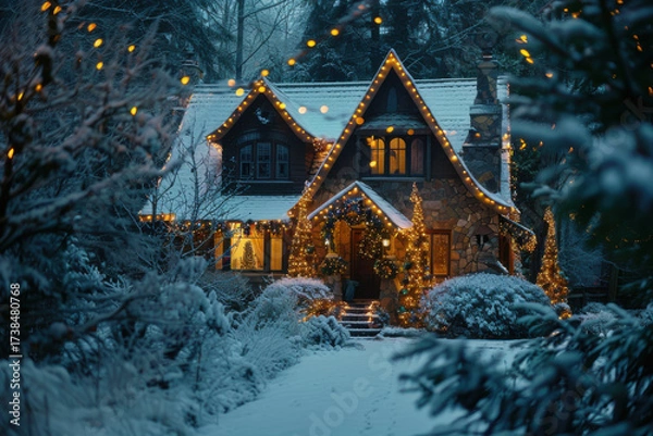Fototapeta A charming winter cabin adorned with festive lights, surrounded by snow and evergreen trees, creating a magical holiday atmosphere.