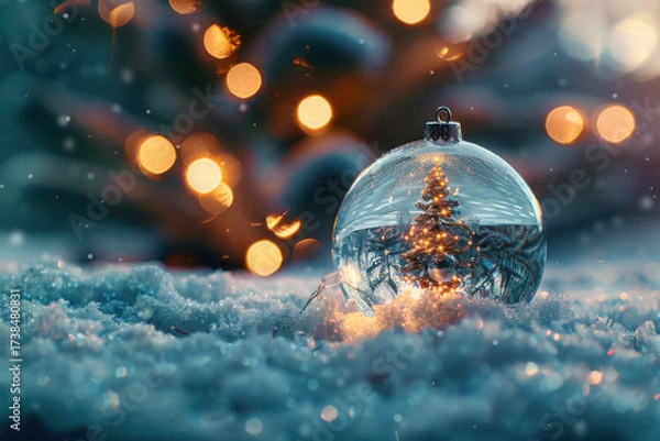 Fototapeta A serene winter scene featuring a miniature Christmas tree inside a glass globe, surrounded by falling snowflakes and sparkling lights.