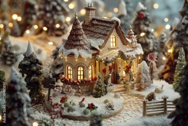Fototapeta A charming winter village blanketed in snow, featuring colorful houses, decorated Christmas trees, and twinkling lights, creating a magical atmosphere.