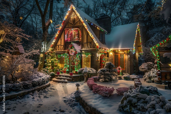Fototapeta A beautifully decorated house adorned with twinkling lights and a snow-covered yard, creating a festive winter wonderland.