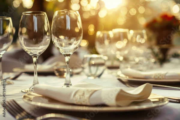 Fototapeta A beautifully set Christmas dining table adorned with elegant tableware, festive decorations, and red ornaments, creating a warm atmosphere.