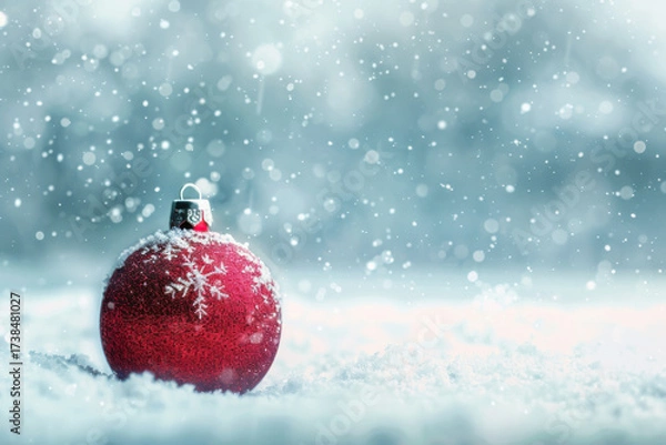 Fototapeta A shiny silver Christmas ornament sits in the snow, surrounded by a soft snowfall, creating a tranquil winter scene.