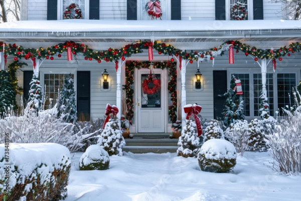 Fototapeta A beautiful snow-covered house decorated with festive lights and wreaths, surrounded by a winter wonderland scene.