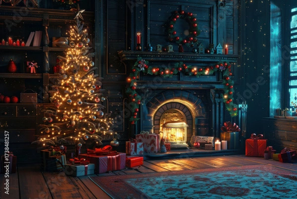 Fototapeta A cozy Christmas scene featuring a decorated tree, presents, and a warm fireplace, creating a festive and inviting atmosphere.