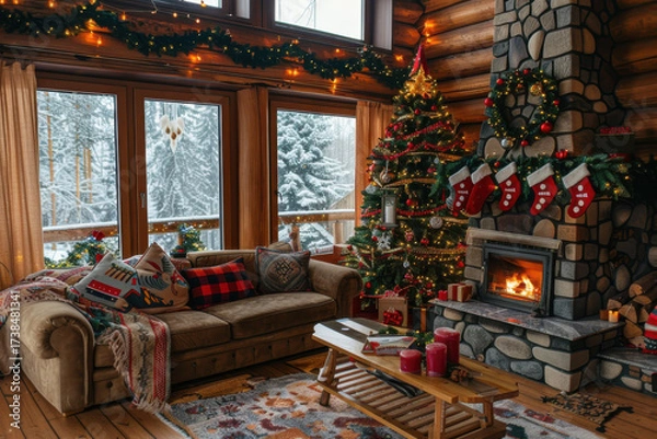 Fototapeta A cozy Christmas scene featuring a decorated tree, presents, and a warm fireplace, creating a festive and inviting atmosphere.