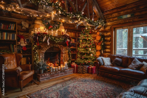Fototapeta A cozy Christmas scene featuring a decorated tree, presents, and a warm fireplace, creating a festive and inviting atmosphere.