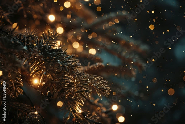 Fototapeta A sparkling Christmas tree made of golden glitter is surrounded by glowing lights and festive bokeh, creating a magical atmosphere.