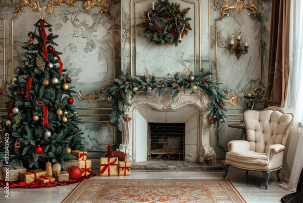 Fototapeta A cozy Christmas scene featuring a decorated tree, presents, and a warm fireplace, creating a festive and inviting atmosphere.