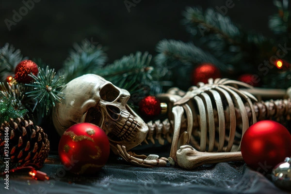 Fototapeta A vibrant Christmas scene featuring colorful ornaments, a decorated tree, and festive elements on a cheerful background.