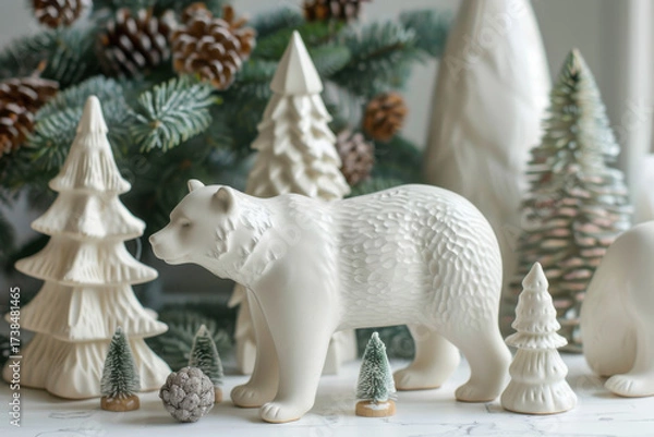 Fototapeta A serene winter scene featuring white ceramic trees, a bear figure, and pinecones, creating a cozy holiday atmosphere.