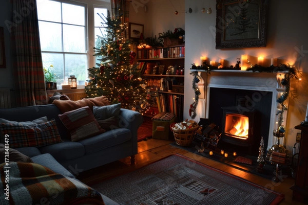 Fototapeta A cozy Christmas scene featuring a decorated tree, presents, and a warm fireplace, creating a festive and inviting atmosphere.