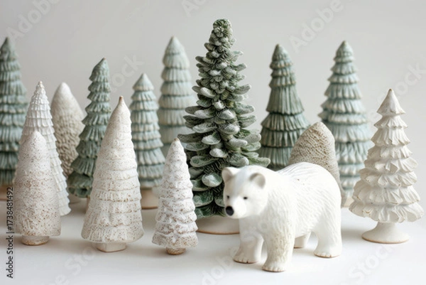 Fototapeta A serene winter scene featuring white ceramic trees, a bear figure, and pinecones, creating a cozy holiday atmosphere.