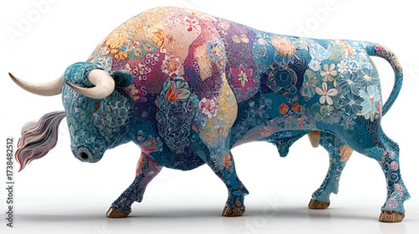 Obraz The color palette is exceptionally rich and bold, featuring dominant tones of deep blue, turquoise, pink, yellow, and orange, which flow across its form. The powerful pose and horns contrast