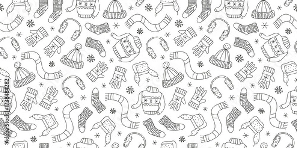 Obraz A pattern of linear winter icons. Warm clothes, snowflakes. Hand-drawn, drawings, sketches, and doodles. Hat, scarf, sweater, knitted socks, and gloves. Seamless background.