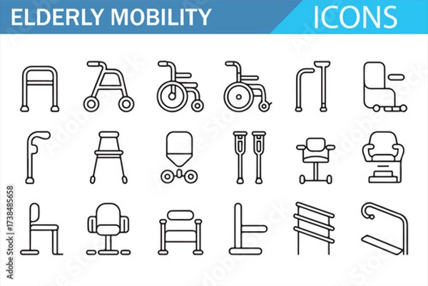 Fototapeta Set of Simple Line Art Elderly Mobility Aids Icons for Healthcare