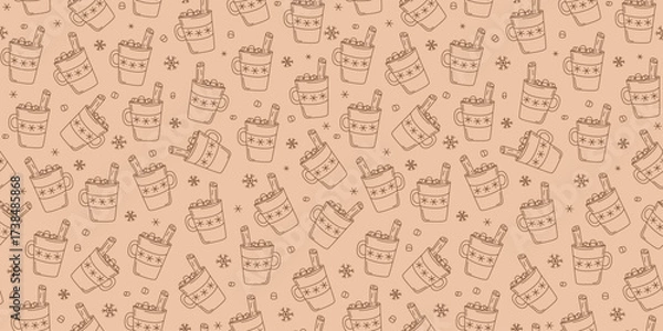 Obraz Coffee cup, marshmallow, hot drink with cinnamon stick. Seamless pattern. Mug, cocoa, tea. A cozy set of linear icons. Drawings, doodles. Repeating vector background.