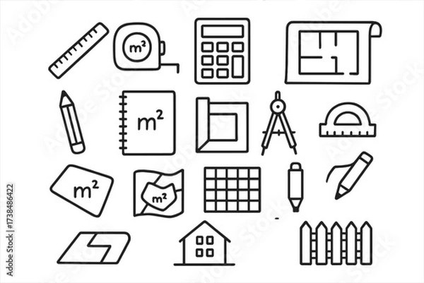Fototapeta Measurement Tools Doodles. Hand-drawn doodle illustration area calculation tools ruler, tape measure, calculator, blueprint, pencil, notebook, square, compass,