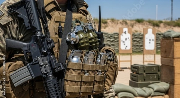 Obraz Armed Soldiers at Firing Range, Tactical Gear, Targets in Sunlight, Military Training.