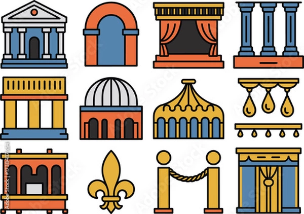 Fototapeta Flat design vector illustration of classical architecture elements, ancient columns, decorative arches, theatre stage