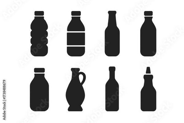 Obraz Bottle Icon Grid. Solid, filled icon set of bottle contents: water bottle, juice bottle, beer bottle, soda bottle, milk bottle, oil bottle, wine bottle, sauce