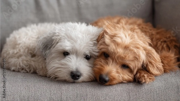 Fototapeta Two adorable dogs cuddle closely on a comfortable sofa, showcasing their bond and happiness. This peaceful moment captures the warmth and joy of pet friendship in a loving home setting