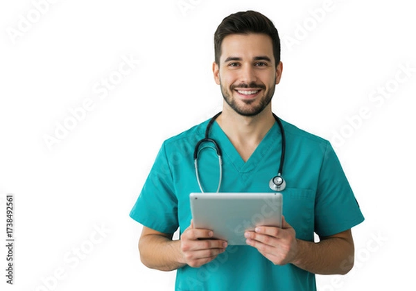 Obraz Smiling doctor in scrubs holding a tablet isolated on transparent background
