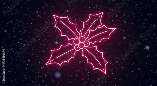 Fototapeta Festive Holly: A radiant neon sign, a festive holly, shines brightly against a backdrop, it embodying the Christmas spirit and seasonal cheer.