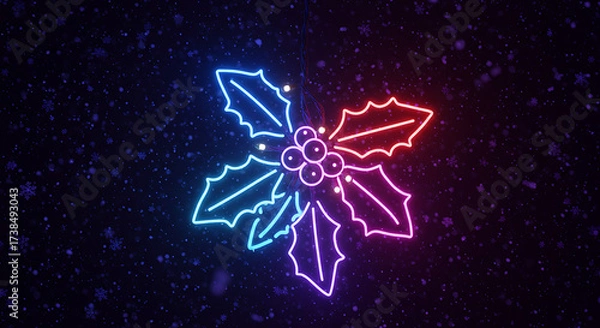 Obraz Glowing Holiday Cheer: A vibrant neon holly sprig radiates against a dark, atmospheric backdrop, a modern symbol of festive joy.