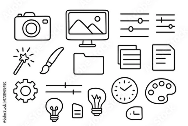 Fototapeta Creative Editing Tools. Hand-drawn doodle illustration photo preset camera, computer screen, sliders, filter, brush, layers panel, gear, settings icon,