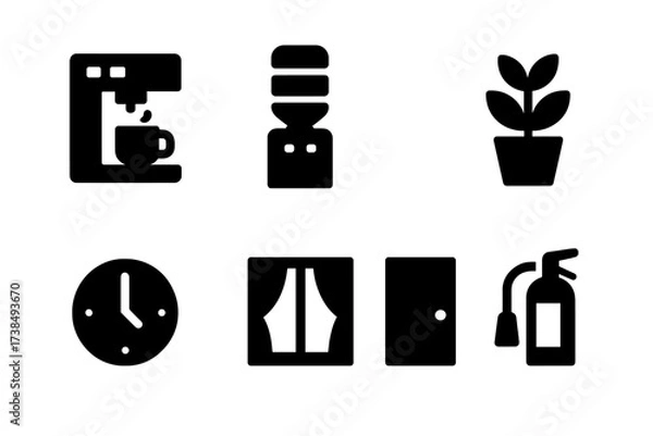 Fototapeta Office Icon Set. Solid, filled icon set of office environment: coffee machine, water cooler, air conditioner, plant, clock, window, door, fire extinguisher.