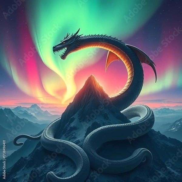 Obraz Ancient serpent dragon coiling around mountain summit under explosive aurora display