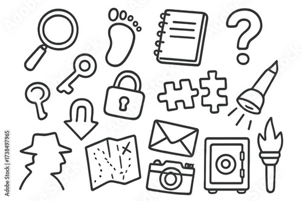 Fototapeta Mystery Objects Doodle. Hand-drawn doodle illustration find clues magnifying glass, footprint, notebook, question mark, key, lock, puzzle pieces, map, arrow,