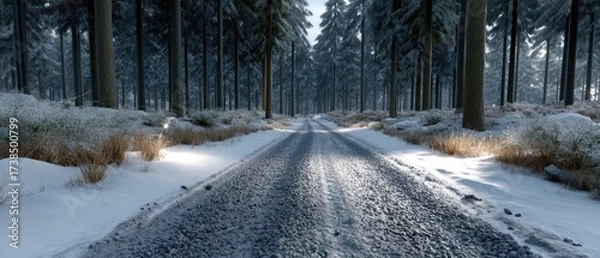 Fototapeta A peaceful dirt road meanders through tall evergreen trees, with a light dusting of snow and a large moon illuminating the surroundings