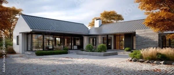 Fototapeta A stylish house features modern architecture with a metal roof and stone accents, set against a backdrop of colorful autumn foliage