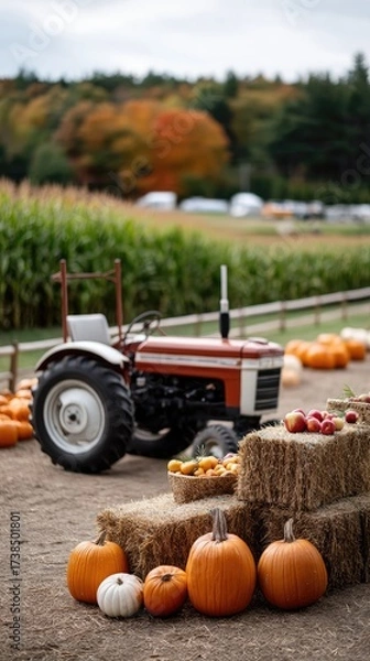 Fototapeta A vintage tractor stands among colorful pumpkins at a harvest festival with a backdrop of autumn foliage and distant buildings