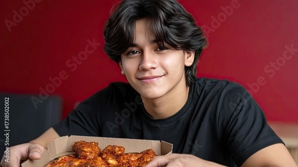 Fototapeta A young man with a charming smile rests his arms on a table, showcasing his relaxed demeanor while savoring a delicious meal