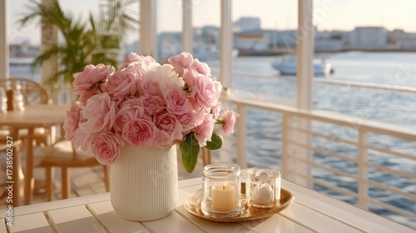 Fototapeta Delicate white flowers in glass vases are positioned on a wooden table, illuminated by warm candlelight in a cozy atmosphere