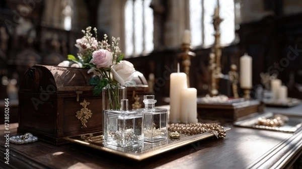 Fototapeta Delicate white flowers in glass vases are positioned on a wooden table, illuminated by warm candlelight in a cozy atmosphere