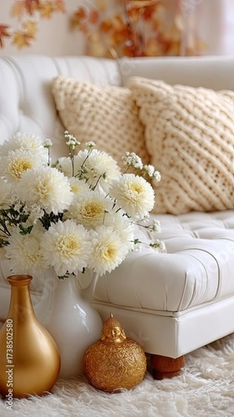 Fototapeta Stylish lounge space showcases a curved chaise, decorative vases, and lush floral arrangements, creating a serene and inviting atmosphere