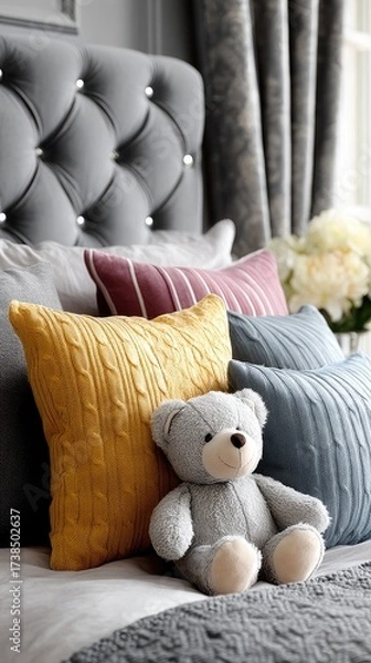 Fototapeta A teddy bear sits beside stacks of pastel colored knitted blankets and yarn, creating a warm and cozy atmosphere in the room