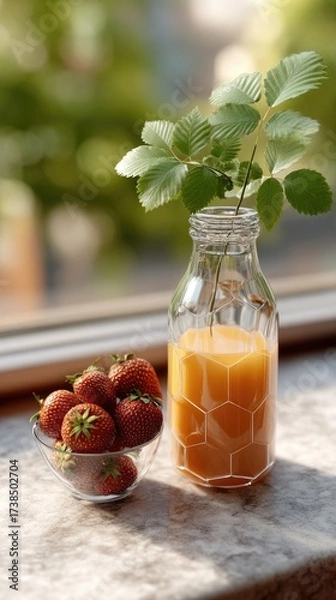 Fototapeta Fresh oranges, a mugs of coffee, and juice placed on a table, bathed in warm morning light, creating a perfect breakfast atmosphere
