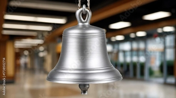 Fototapeta A silver bell hangs from a chain, set against the backdrop of a spacious corridor filled with soft light and architectural features