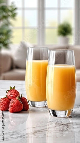 Fototapeta Fresh oranges, a mugs of coffee, and juice placed on a table, bathed in warm morning light, creating a perfect breakfast atmosphere