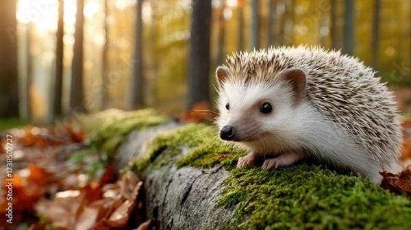Fototapeta A curious hedgehog navigates through vibrant green moss and fallen leaves in a serene forest setting on a sunny afternoon