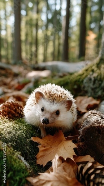 Fototapeta A curious hedgehog navigates through vibrant green moss and fallen leaves in a serene forest setting on a sunny afternoon