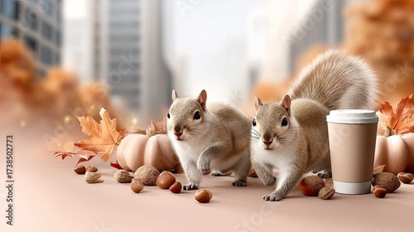 Fototapeta Two squirrels frolic among fallen petals and acorns, enjoying the colorful ambiance of a cheerful spring day